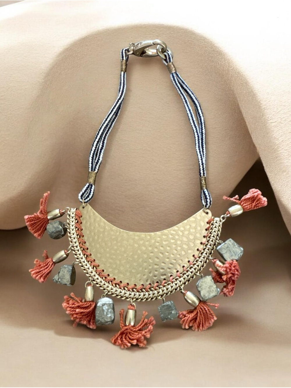 Gold Hammered Crescent Necklace with Coral Tassels